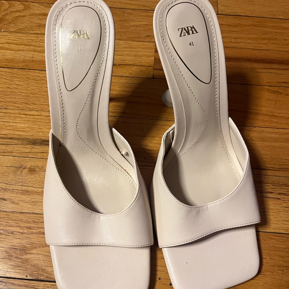 Zara Cream Square-Toe Sculpted-Heel Mules - Picture 2 of 5